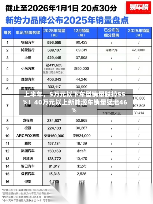 上半年，5万元以下车型销量跌掉55%！40万元以上新能源车销量猛涨46%-第2张图片