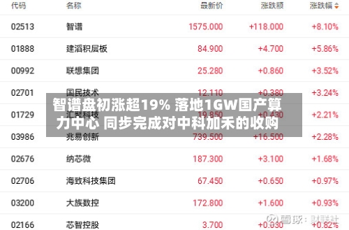 智谱盘初涨超19% 落地1GW国产算力中心 同步完成对中科加禾的收购