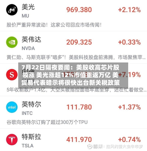 7月22日隔夜要闻:美股收高芯片股领涨 美光涨超12%市值重返万亿 美贸易代表暗示将很快出台新关税政策-第2张图片