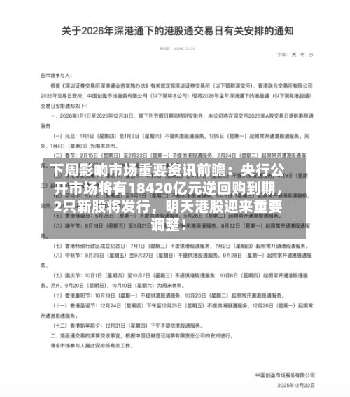 下周影响市场重要资讯前瞻：央行公开市场将有18420亿元逆回购到期	，2只新股将发行，明天港股迎来重要调整！-第3张图片
