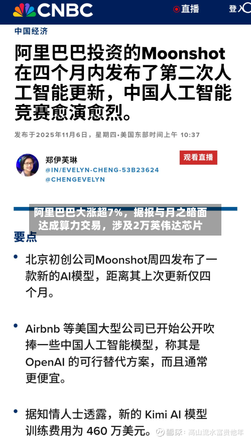 阿里巴巴大涨超7%，据报与月之暗面达成算力交易	，涉及2万英伟达芯片-第3张图片