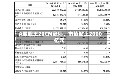 A股股王20CM涨停，市值站上2000亿元