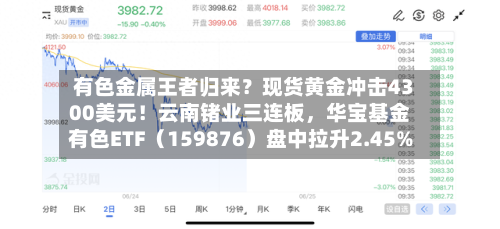 有色金属王者归来？现货黄金冲击4300美元！云南锗业三连板，华宝基金有色ETF（159876）盘中拉升2.45%